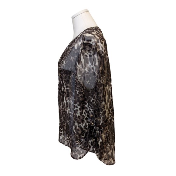 Como Black Womens Long Sleeve Blouse Leopard Print Sheer Henley Neckline Sz L - Picture 5 of 10
